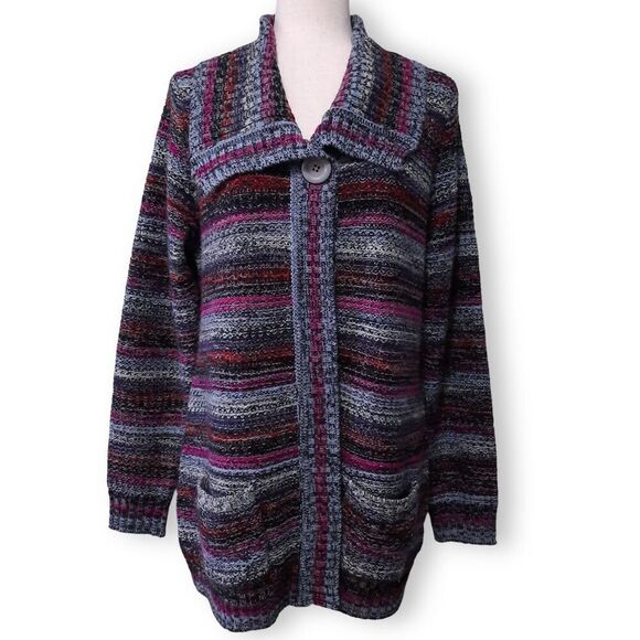 Effeci Knit Cardigan Plus Size 2X Black & Purple Variegated Stripe Phoebe Buffet - Picture 1 of 13